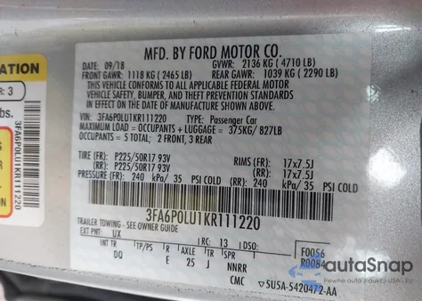 2019 Ford Fusion Hybrid Se из США, поврежденный, VIN 3FA6P0LU1KR111220